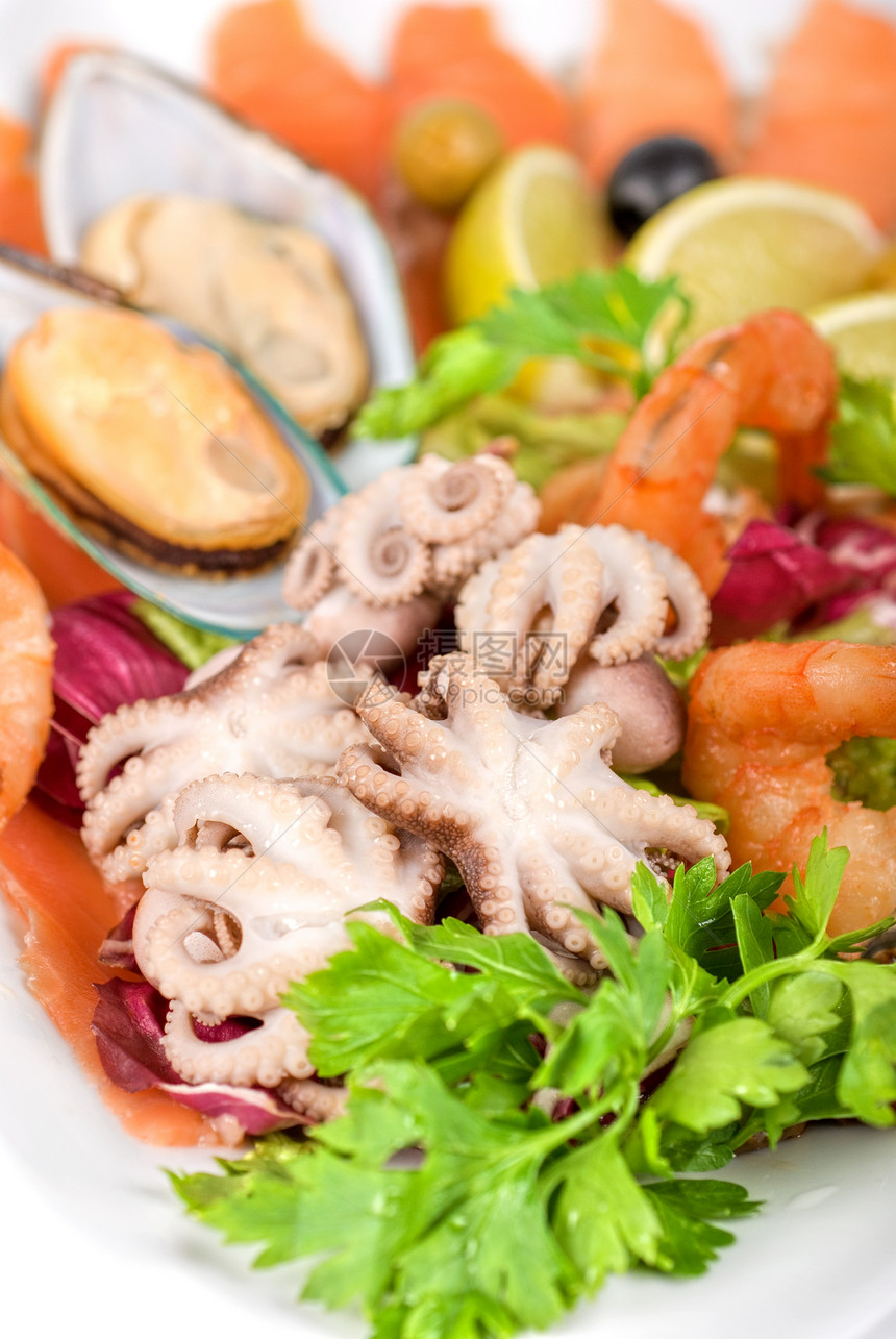 海食沙拉午餐对虾青菜美食牡蛎小吃食物树叶螃蟹胡椒图片