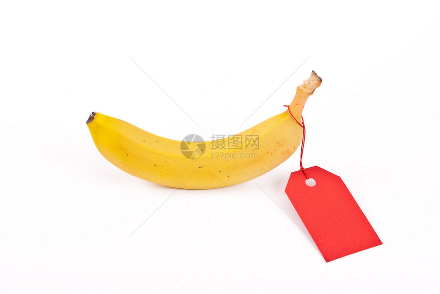 带红色标签的香蕉黄色热带市场商品小吃水果白色食物价格图片