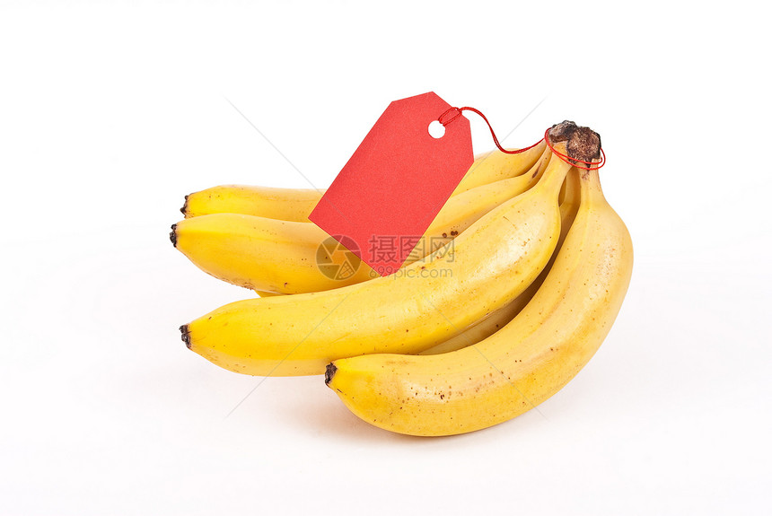 一堆带标签的香蕉商品水果市场团体白色热带食物小吃黄色价格图片