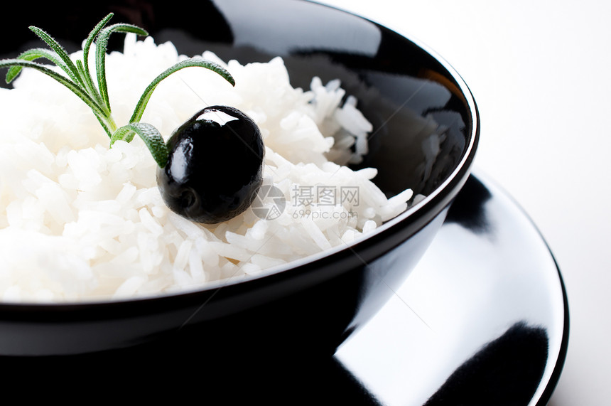 黑碗白饭餐厅圆形美食颗粒状盘子宏观餐垫主食餐具粮食图片