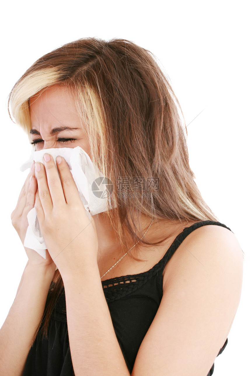 紧贴着美丽的caucasian女人的近身 冷地打喷嚏疼痛流感工作室白色喷嚏治疗感染鼻子悲哀疾病图片