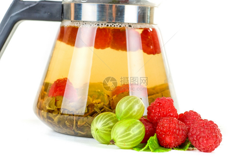 白莓茶覆盆子饮食水果液体醋栗茶壶饮料输液玻璃叶子图片