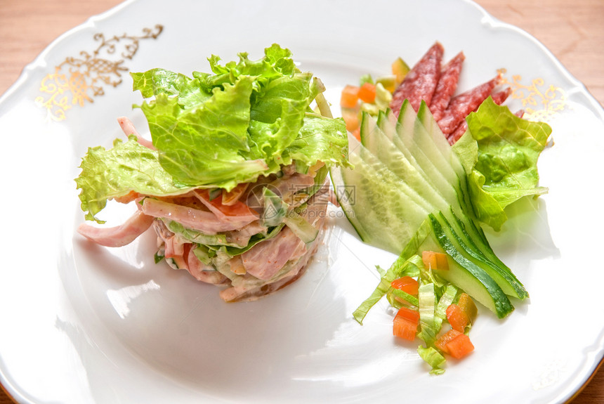 来自不同种类香肠的沙拉厨房小吃奶油午餐火腿店铺食品青菜盘子猪肉图片