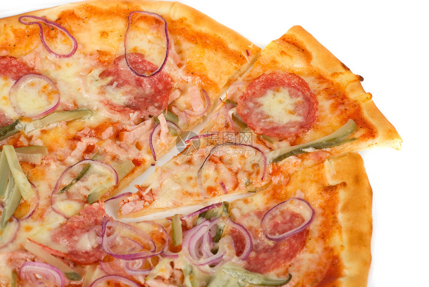 披萨比萨蔬菜用餐洋葱送货黄瓜火腿小吃熏制午餐圆圈图片