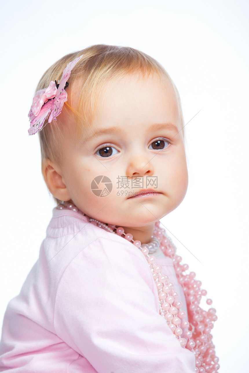 一个可爱女婴的肖像古董微笑丝带孩子珍珠女性嘴唇眼睛盒子女孩图片