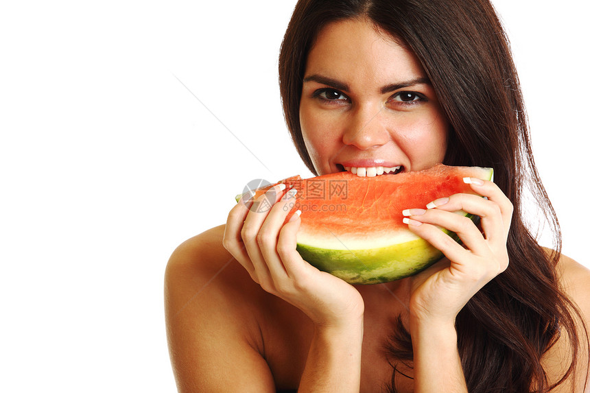 吃西瓜饮食头发水果果汁喜悦女性女孩营养金发女郎乐趣图片