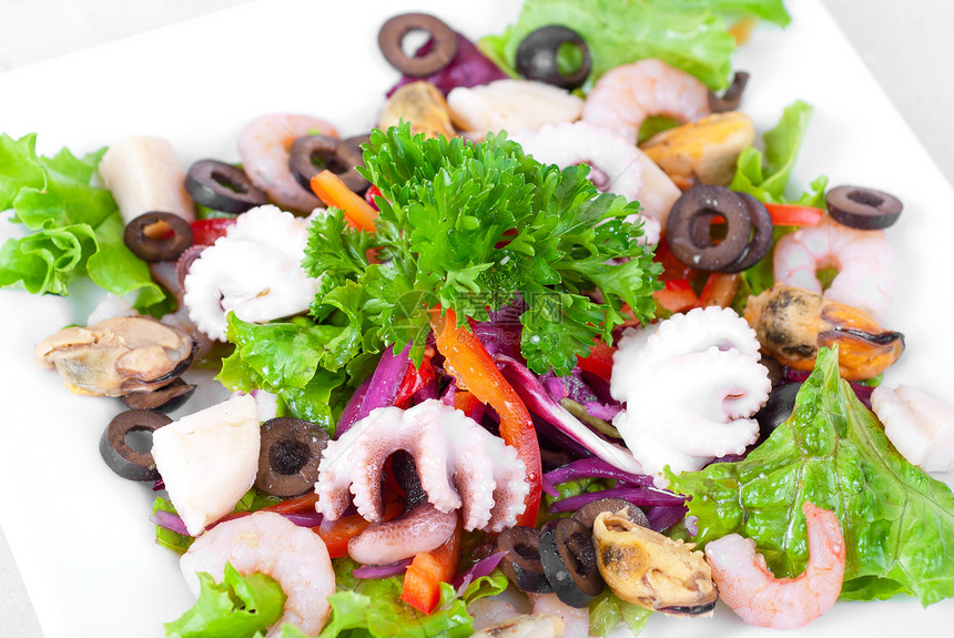 海食沙拉胡椒贝类盘子午餐宏观美食小吃乌贼螃蟹章鱼图片
