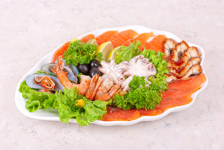 海食沙拉胡椒对虾美食小吃乌贼食物营养贝类午餐盘子高清图片