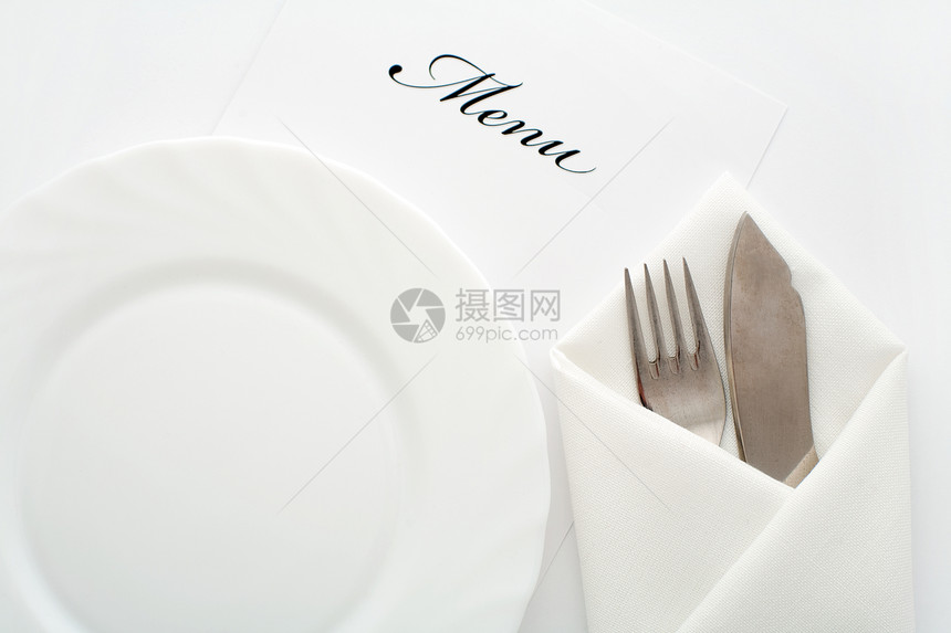 餐馆金属餐具奢华财富厨房食物桌子白色银器菜单图片