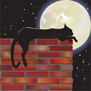 夜黑猫黑色月光星星砖墙背景背景图片