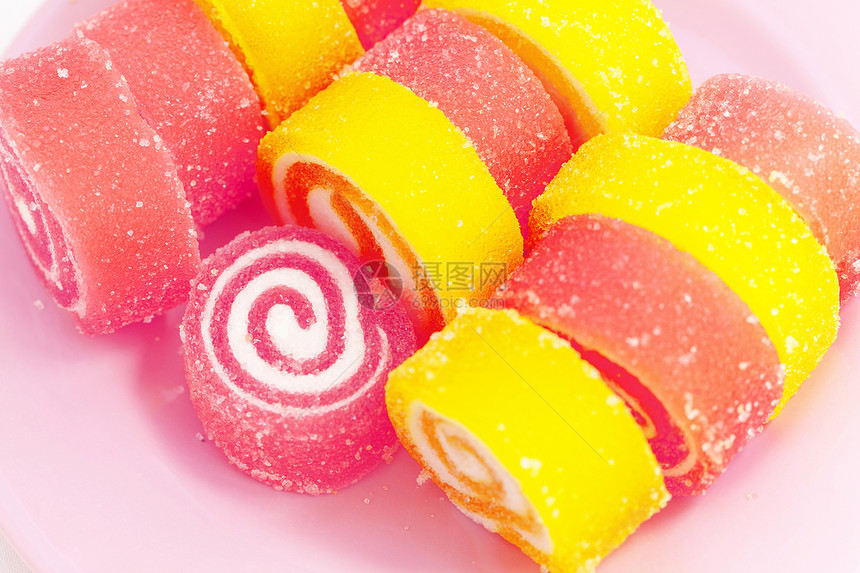 多彩的水果味甜食食物宏观水果红色黄色粉色美食甜点圆圈团体图片