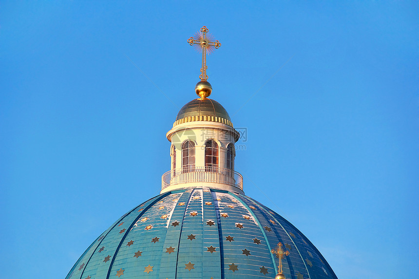 彼得堡东正教会的屋顶建筑寺庙金子信仰建筑学宗教星星圆顶蓝色教会图片