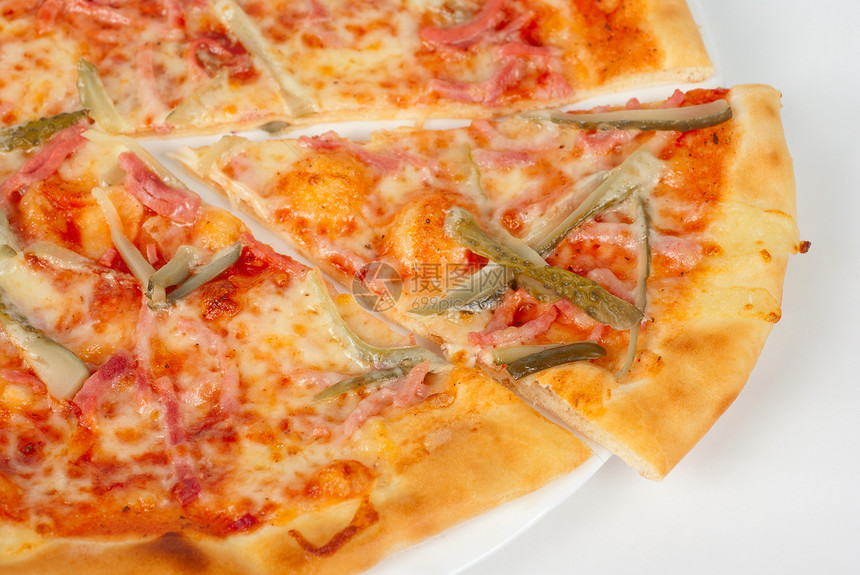 披萨比萨营养蔬菜食物脆皮黄瓜糕点圆圈送货香肠火腿图片