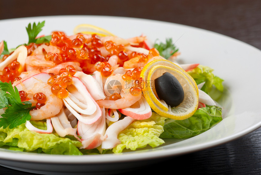 海沙拉餐厅奢华食物鱿鱼水果草药午餐飞行海鲜柠檬图片