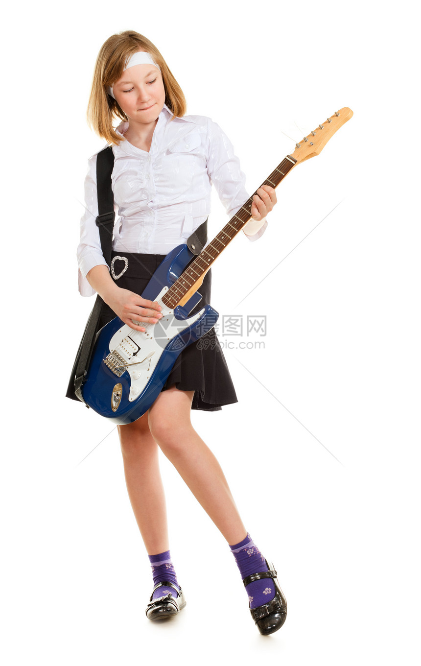 少女摇滚星女学生青色金发音乐家乐器裙子乐趣音乐孩子女性图片