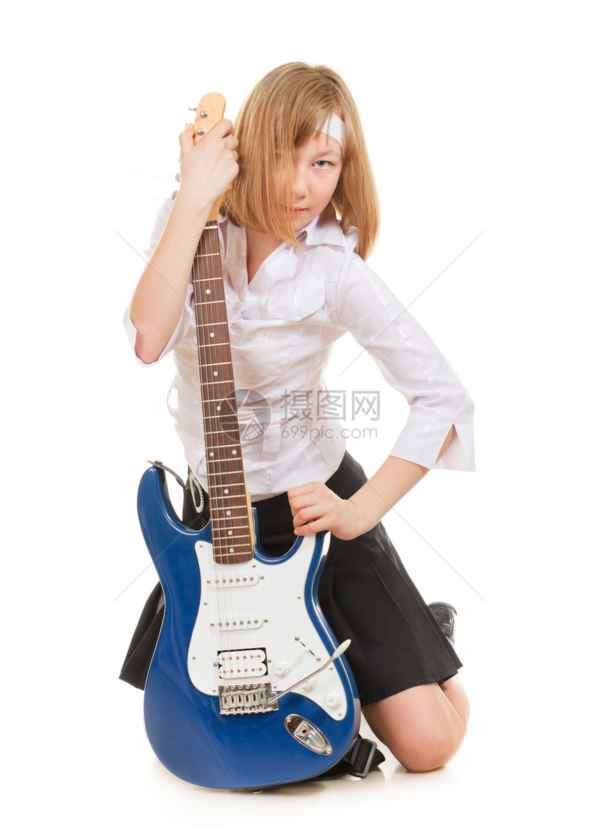 少女摇滚星乐趣女学生裙子音乐造型孩子蓝色幸福冒充童年图片