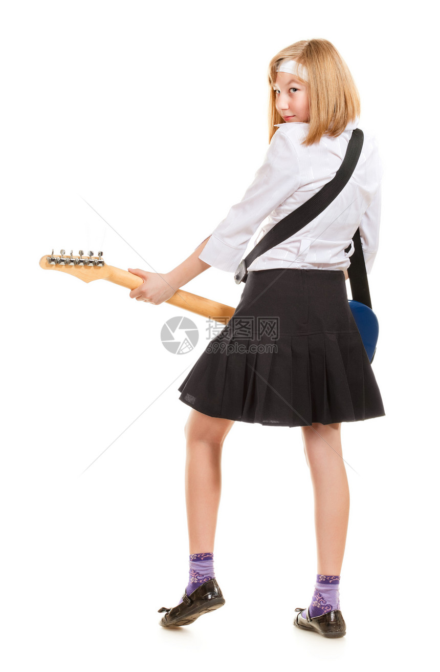 少女摇滚星裙子金发快乐吉他手蓝色童年音乐家女孩女学生幸福图片