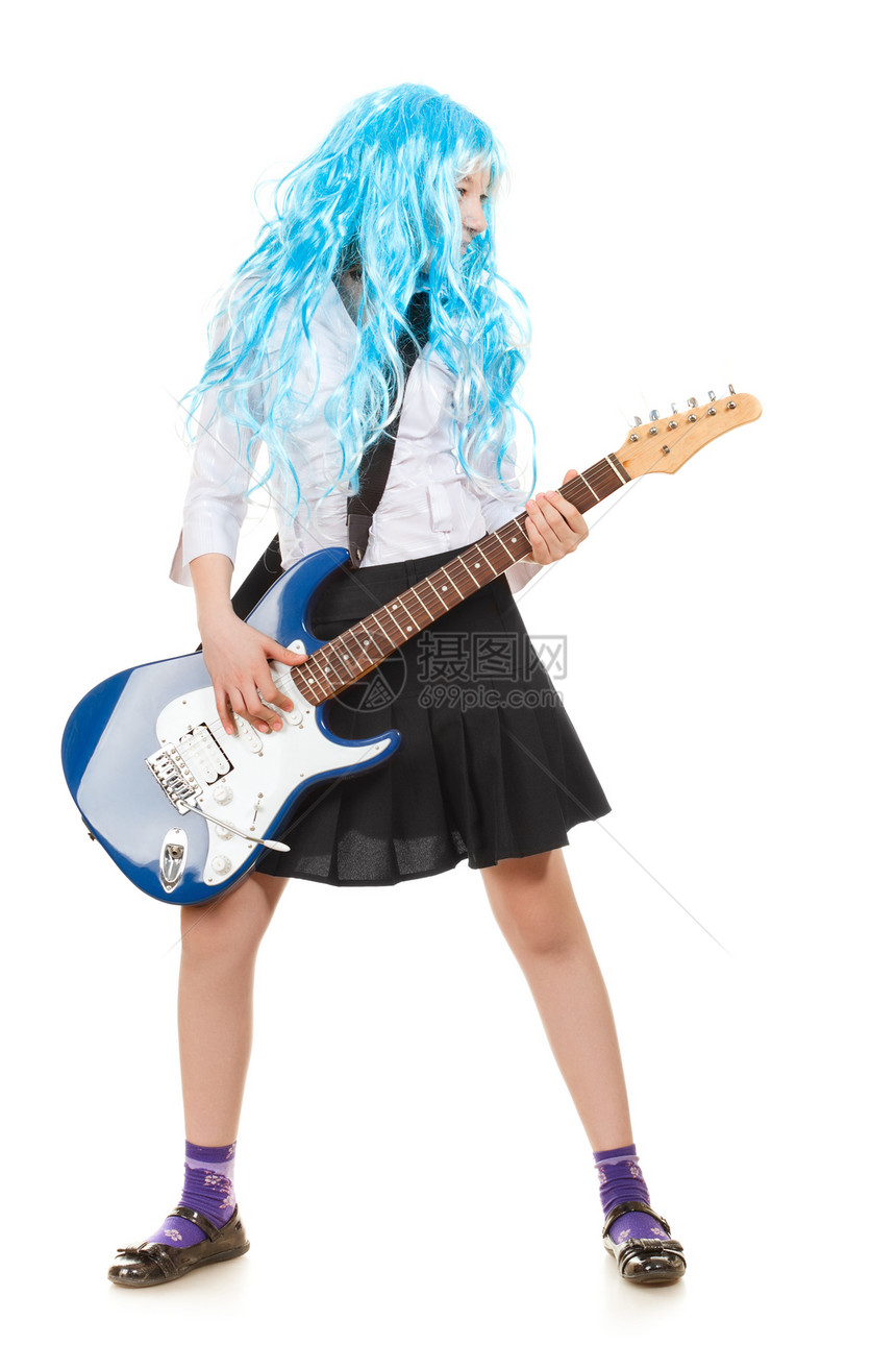 少女摇滚星孩子喜悦岩石乐器吉他手乐趣青色女学生假发女性图片
