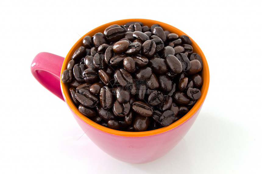 粉红杯咖啡豆边界美食生活香气饮料时间咖啡奢华研磨种子图片