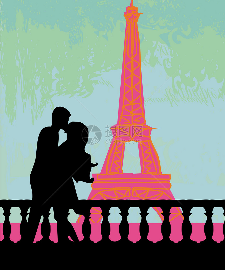 巴黎的浪漫情侣在艾菲尔铁塔附近接吻场景旅行天空夫妻热情游客男人男性女性拥抱图片