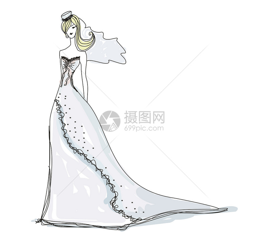 美丽的新娘  涂面图花朵婚姻婚礼花环涂鸦插图教会头发金鱼青年图片