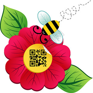 码上有好礼春时花花和有Qr码的蜜蜂代码卷曲插图卡片装饰标签蓝色太阳圆圈贴纸插画
