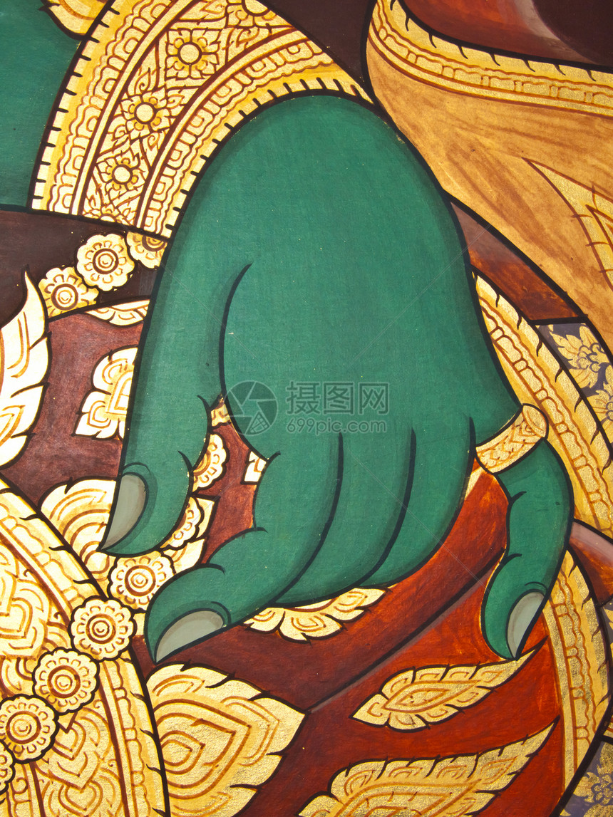 古老的泰国传统艺术绘画 在寺庙作为背景手指古董建筑学文化风格孔雀线条叶子历史旅游图片