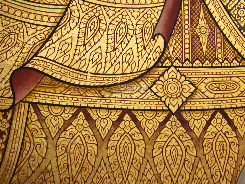 古老的泰国传统艺术绘画 在寺庙作为背景装饰装饰品传奇墙纸古董文化历史金子旅游风格图片