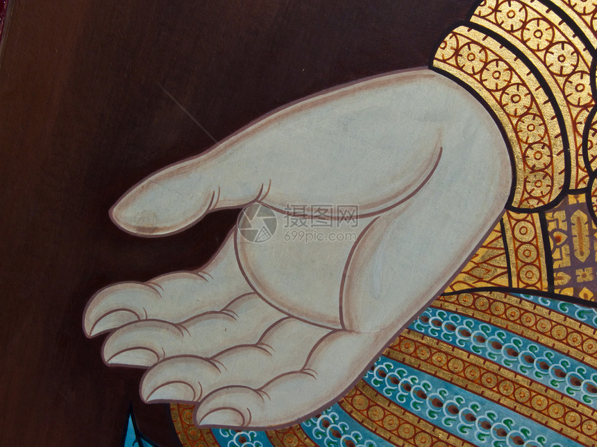古老的泰国传统艺术绘画 在寺庙作为背景装饰品历史金子植物文化宗教建筑学叶子手指装饰图片