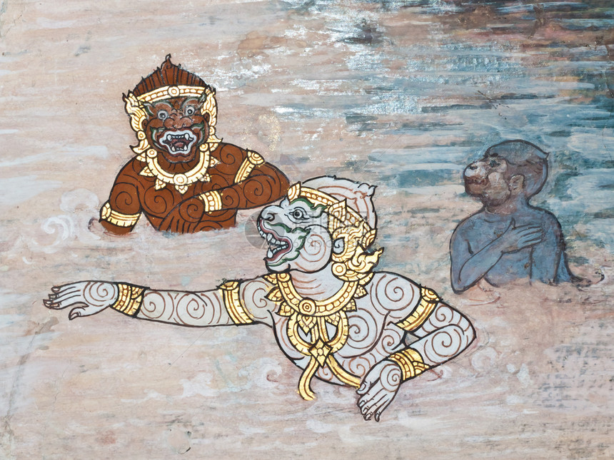 古老的泰国传统艺术绘画 在寺庙作为背景装饰传奇建筑学植物风格手指墙纸线条古董孔雀图片