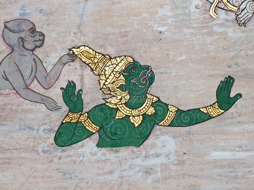 古老的泰国传统艺术绘画 在寺庙作为背景孔雀叶子宗教装饰历史旅游风格古董植物建筑学图片