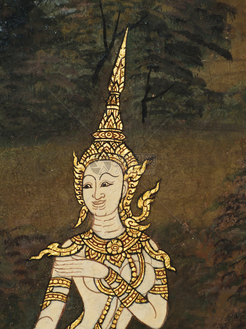 古老的泰国传统艺术绘画 在寺庙作为背景叶子风格旅游墙纸手指孔雀传奇线条文化历史图片