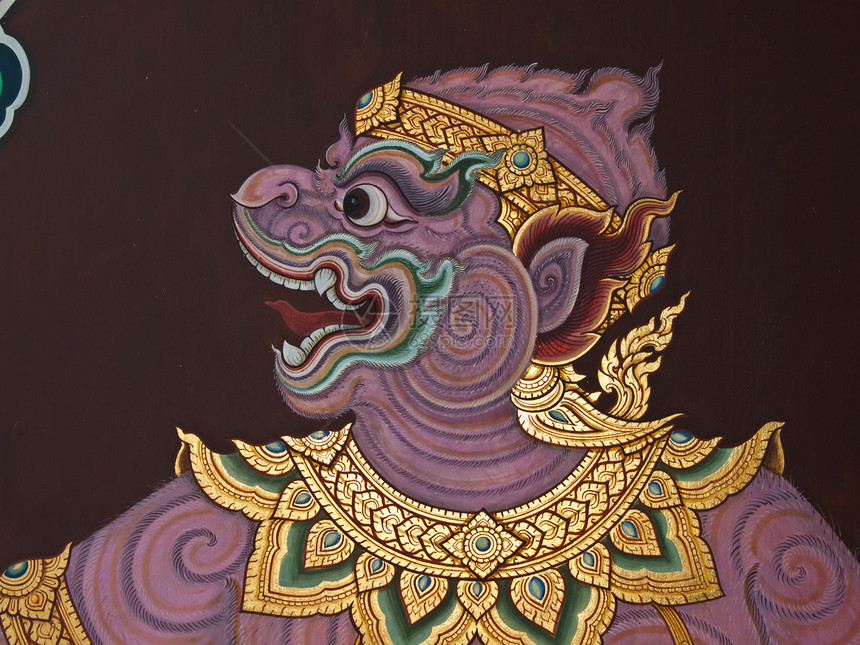 古老的泰国传统艺术绘画 在寺庙作为背景叶子传奇风格历史植物孔雀墙纸文化手指金子图片