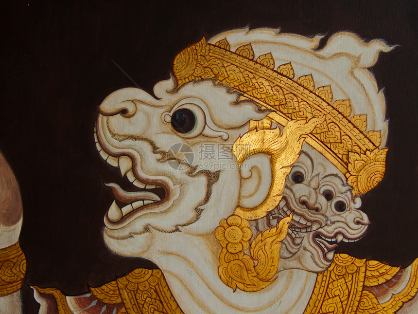 古老的泰国传统艺术绘画 在寺庙作为背景叶子古董手指植物装饰墙纸金子孔雀线条宗教图片