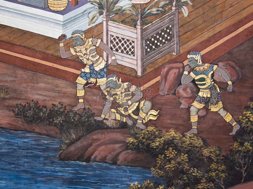 古老的泰国传统风格在寺庙上绘画传奇植物建筑学历史孔雀古董金子叶子墙纸线条图片
