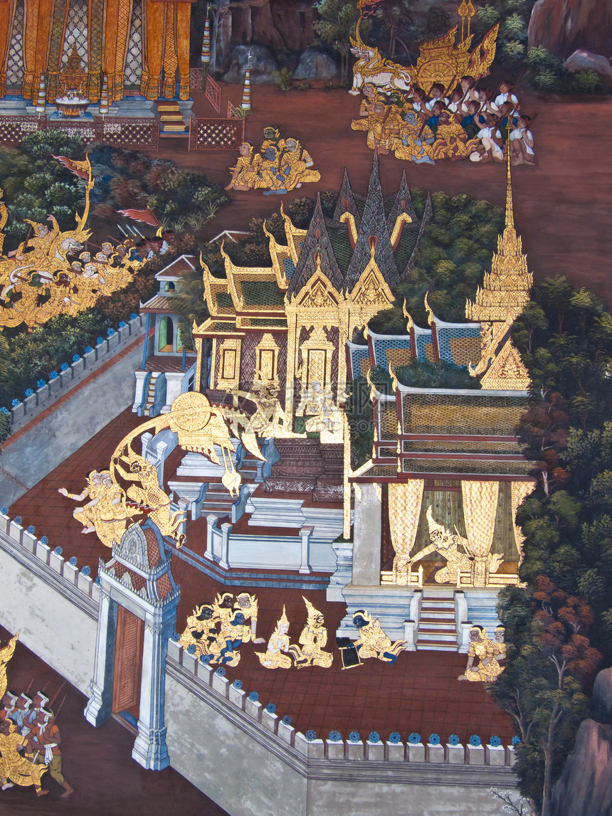 古老的泰国传统艺术绘画 在寺庙作为背景建筑学装饰古董旅游风格线条植物金子墙纸传奇图片