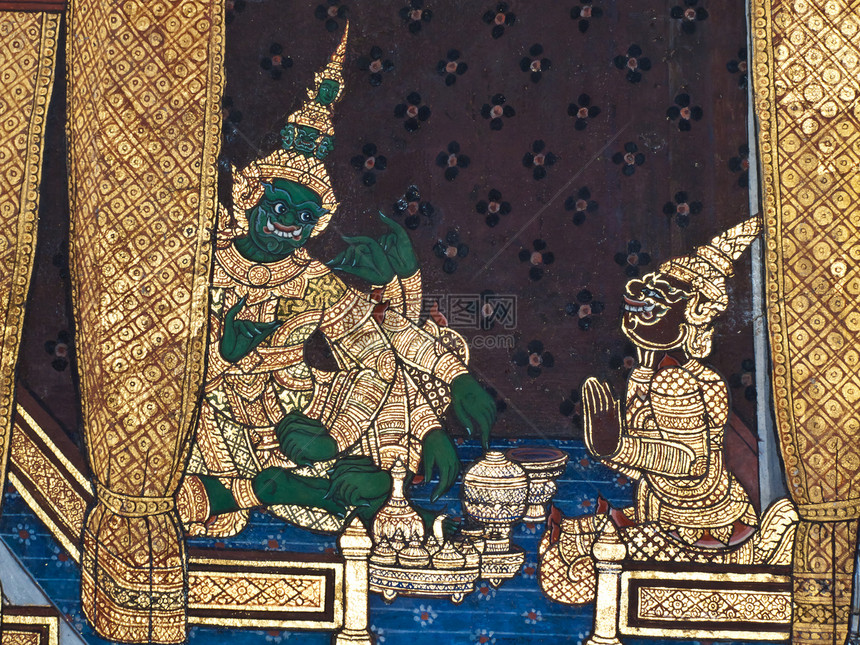 古老的泰国传统艺术绘画 在寺庙作为背景孔雀古董建筑学装饰手指线条植物金子传奇历史图片