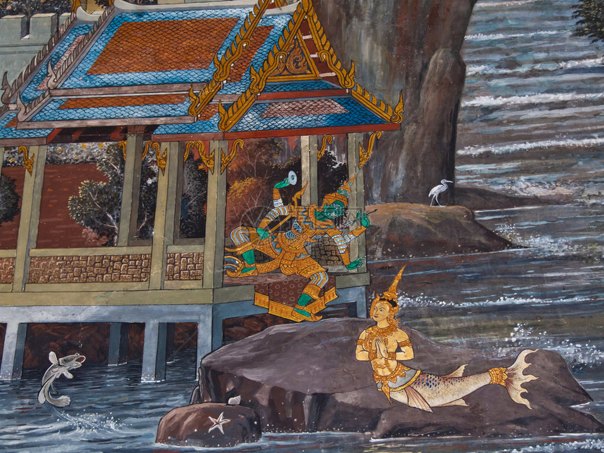 古老的泰国传统艺术绘画 在寺庙作为背景建筑学风格宗教墙纸叶子旅游装饰品古董历史线条图片