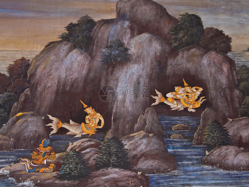 古老的泰国传统艺术绘画 在寺庙作为背景装饰传奇旅游植物叶子文化风格建筑学线条装饰品图片