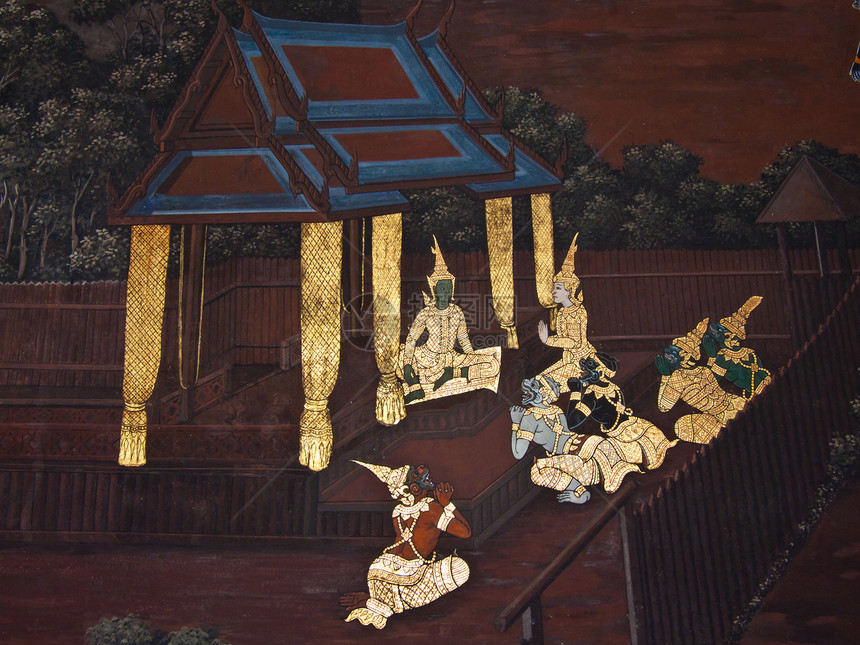 古老的泰国传统艺术绘画 在寺庙上宗教孔雀风格金子传奇叶子古董线条建筑学旅游图片