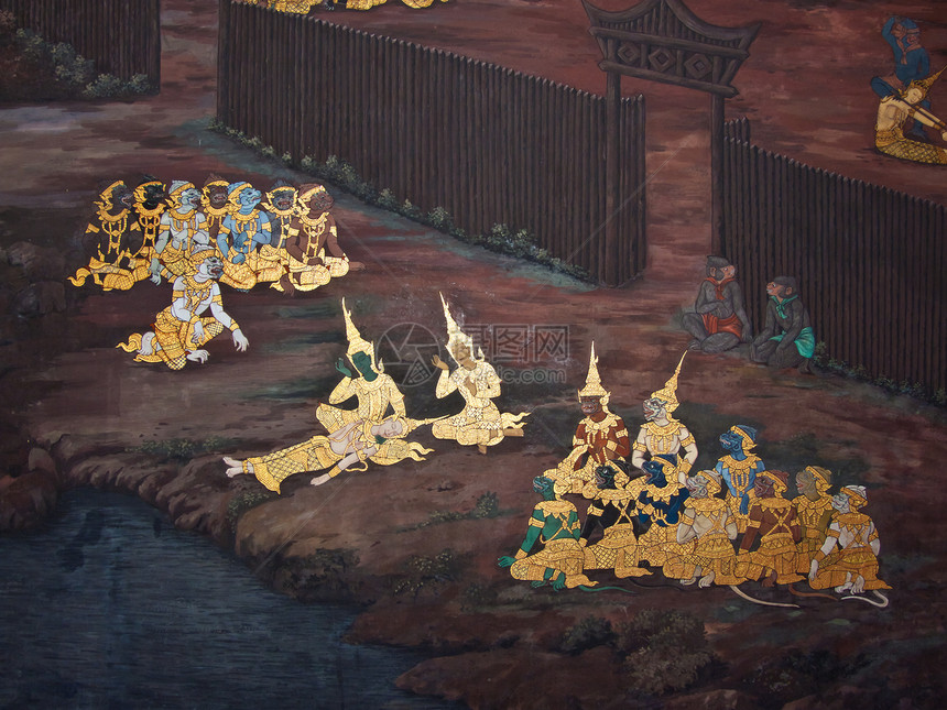 古老的泰国传统艺术绘画 在寺庙上墙纸装饰品叶子传奇装饰金子古董手指风格文化图片