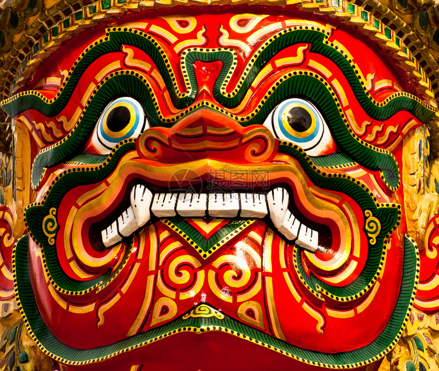 巨人的脸庞 泰国传统风格的古老艺术绘画植物旅游装饰品装饰古董叶子寺庙线条金子历史图片