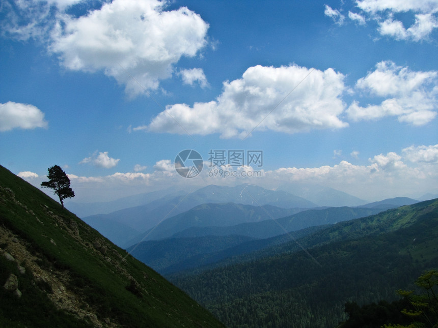 高加索自然保护区壮丽的山地风景图森林山峰草地树木土地阳光天空石头爬坡冰川图片