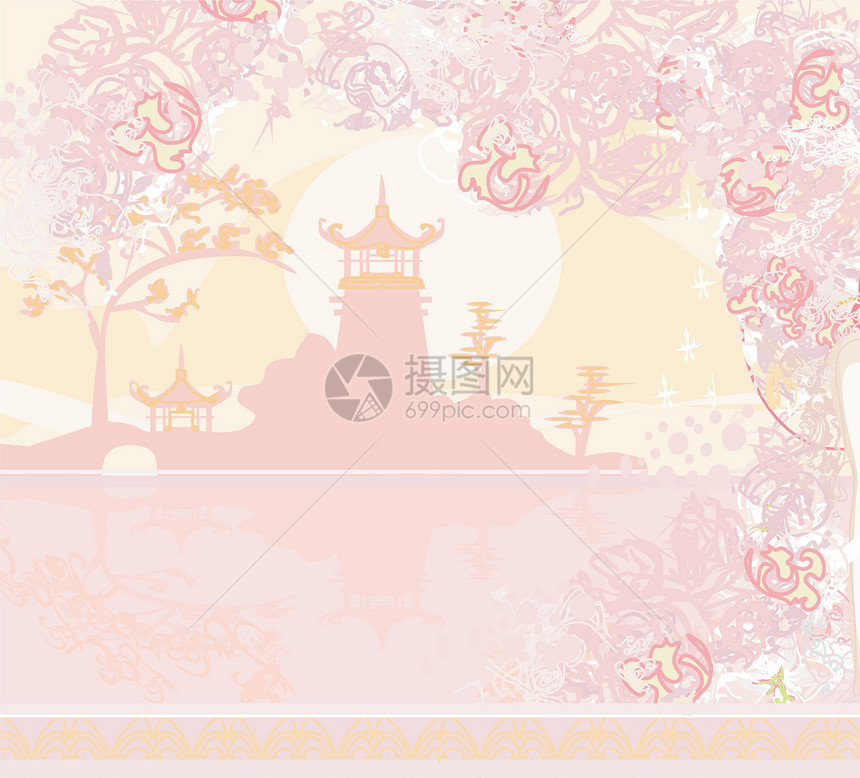 旧亚洲风貌纸天空寺庙文化建筑宝塔插图樱花日落花瓣植物图片
