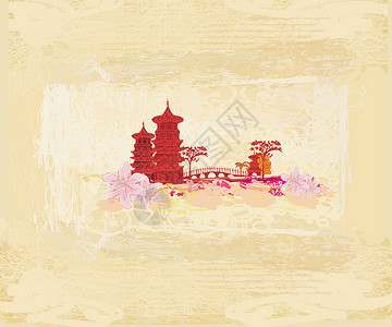 旧亚洲风貌纸寺庙天空建筑花瓣文化花朵植物日落插图樱花背景图片
