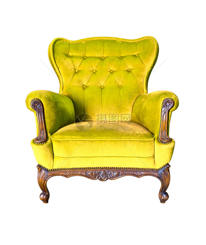 与剪切路径隔绝的旧黄色豪华椅子沙发装饰蓝色皮革家具扶手椅装潢雕刻风格座位图片