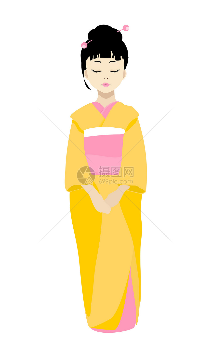 艺妓和服女士粉色插图女孩腰带头发传统文化黑色图片