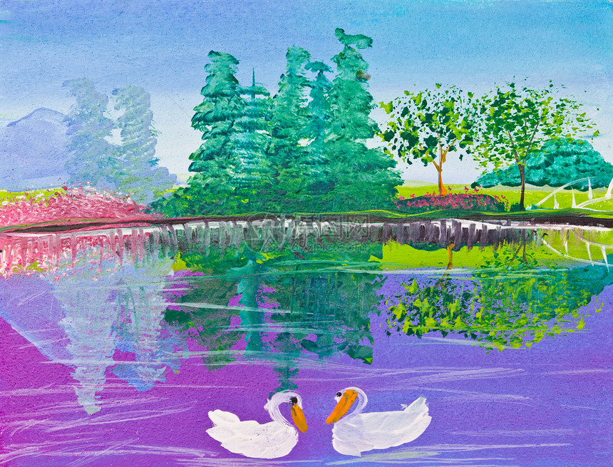 森林和天鹅的彩色画画图片