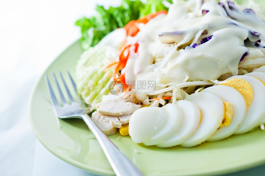 为健康而混合的沙拉食物树叶盘子蔬菜饮食美食香脂午餐营养小吃图片