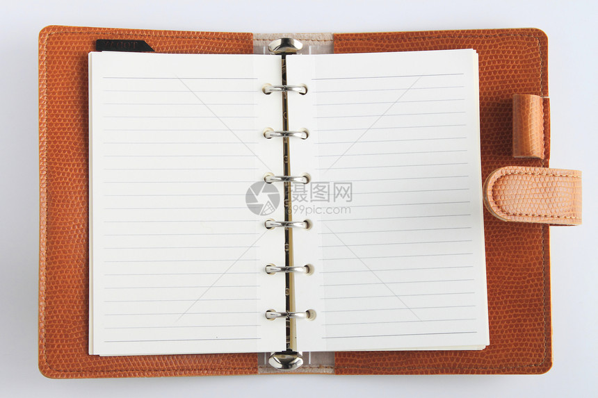 白色背景的皮革个人组织者空白学习床单笔记本棕色教育笔记日记商业螺旋图片
